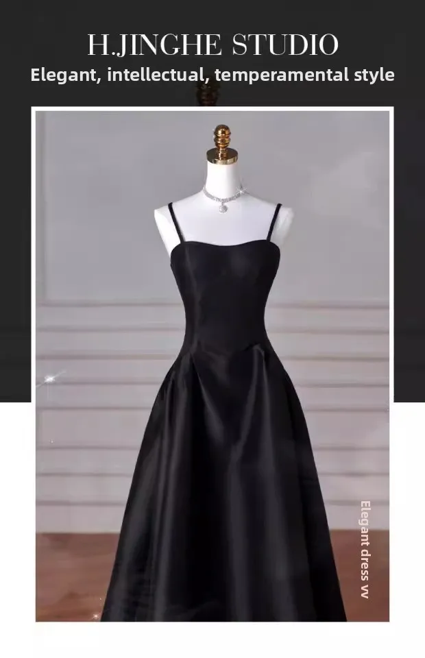 French Strapping Dress Tiktok 2026new French Black Suspender Slim Dress Student Art Examination Banquet High Waist Evening Dress