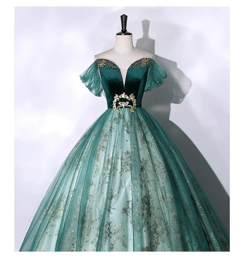 2026 Vocal Art Exam, Piano Performance, bel canto Solo Performance Dress, Ink Green Velvet Fashion Evening Dress, Female Host
