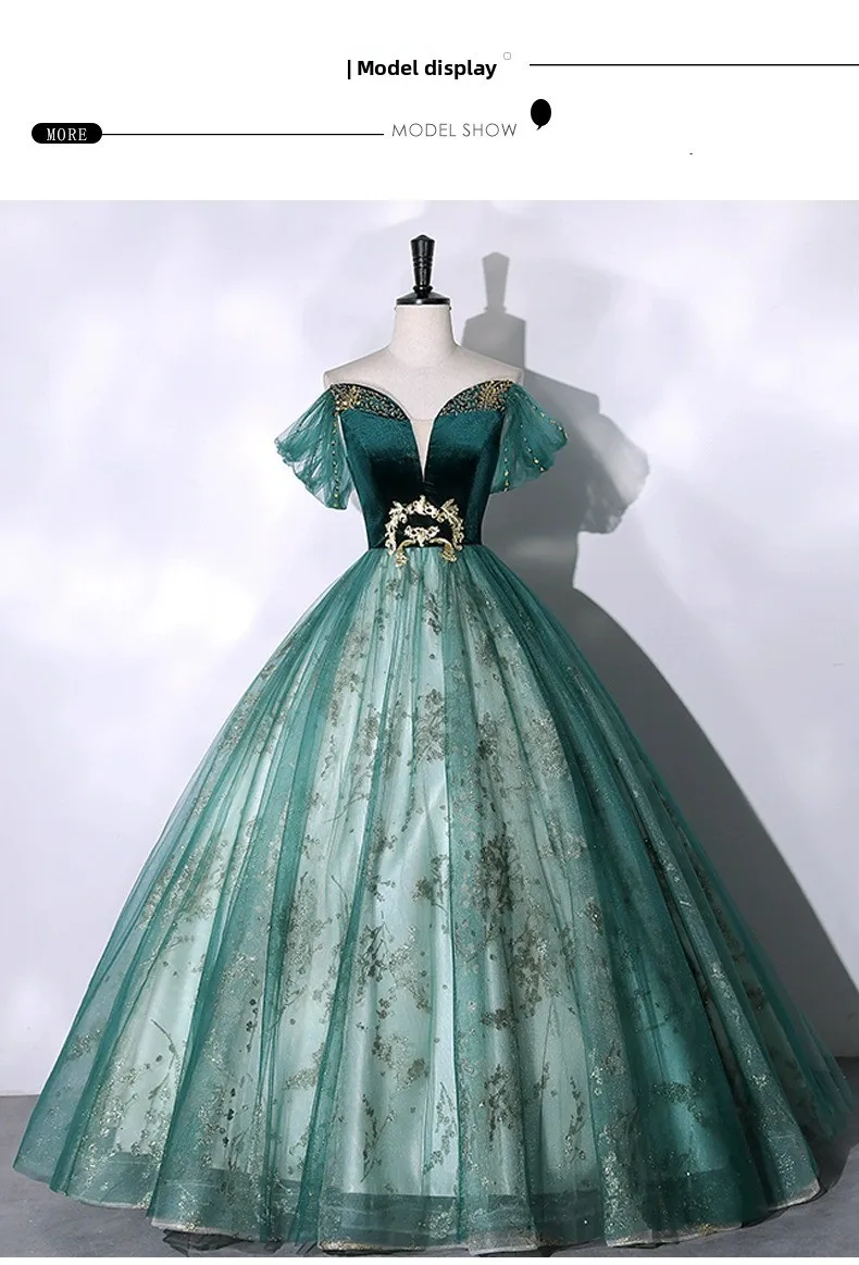 2026 Vocal Art Exam, Piano Performance, bel canto Solo Performance Dress, Ink Green Velvet Fashion Evening Dress, Female Host