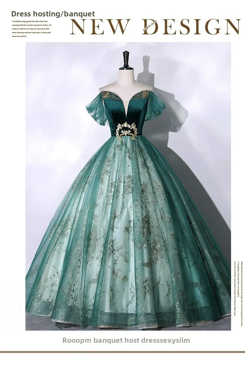 2026 Vocal Art Exam, Piano Performance, bel canto Solo Performance Dress, Ink Green Velvet Fashion Evening Dress, Female Host