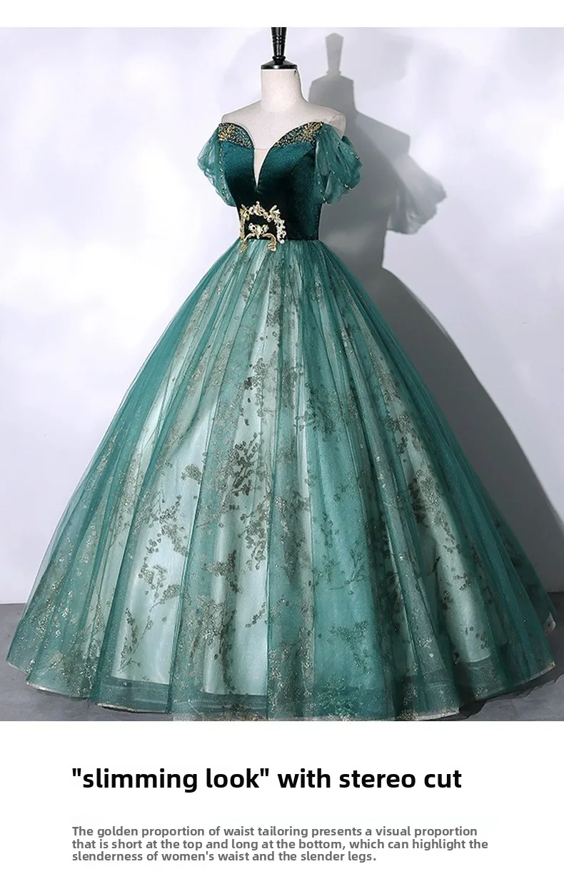 2026 Vocal Art Exam, Piano Performance, bel canto Solo Performance Dress, Ink Green Velvet Fashion Evening Dress, Female Host