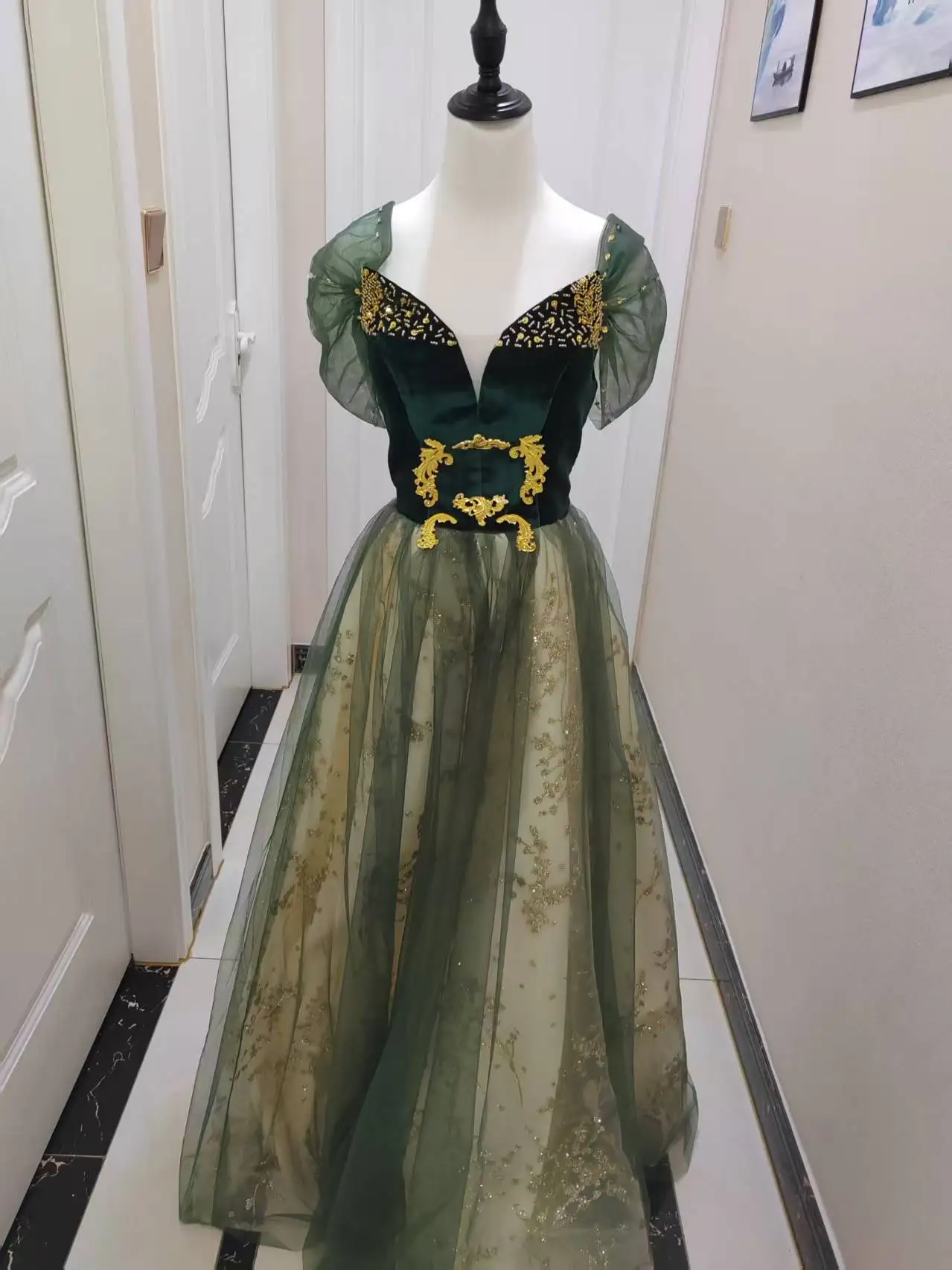 2026 Vocal Art Exam, Piano Performance, bel canto Solo Performance Dress, Ink Green Velvet Fashion Evening Dress, Female Host