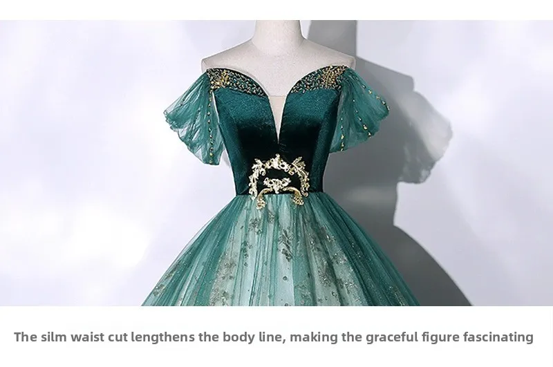 2026 Vocal Art Exam, Piano Performance, bel canto Solo Performance Dress, Ink Green Velvet Fashion Evening Dress, Female Host