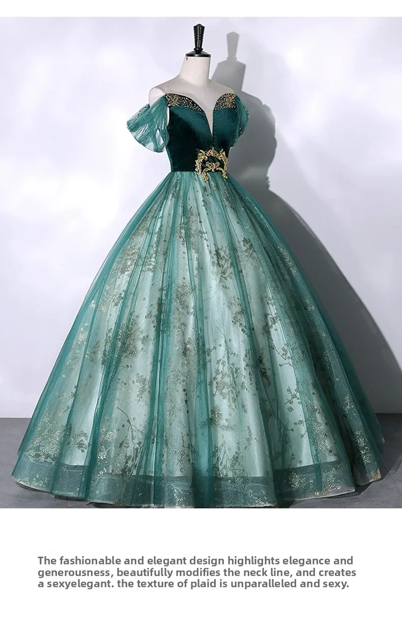 2026 Vocal Art Exam, Piano Performance, bel canto Solo Performance Dress, Ink Green Velvet Fashion Evening Dress, Female Host