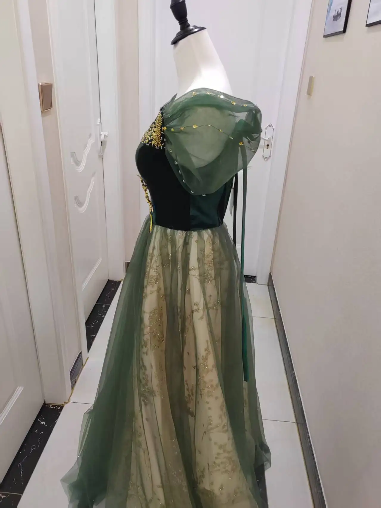 2026 Vocal Art Exam, Piano Performance, bel canto Solo Performance Dress, Ink Green Velvet Fashion Evening Dress, Female Host