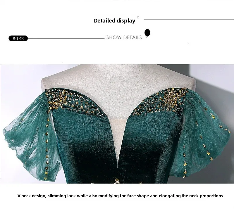 2026 Vocal Art Exam, Piano Performance, bel canto Solo Performance Dress, Ink Green Velvet Fashion Evening Dress, Female Host