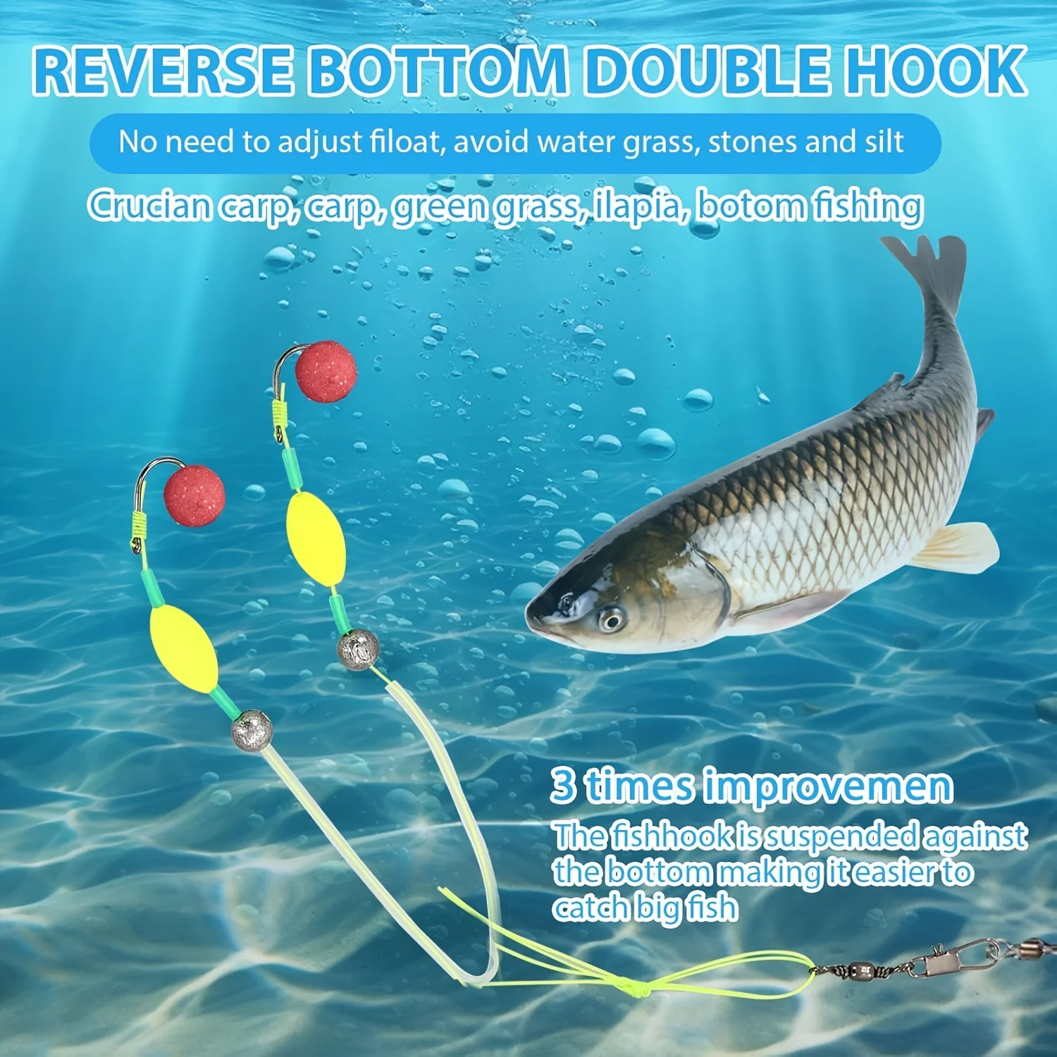 6-Packs Reverse Off-Bottom Double Hook Fishing Rig, Carp Fishing Tackle Gear with Built-in Float & Weight