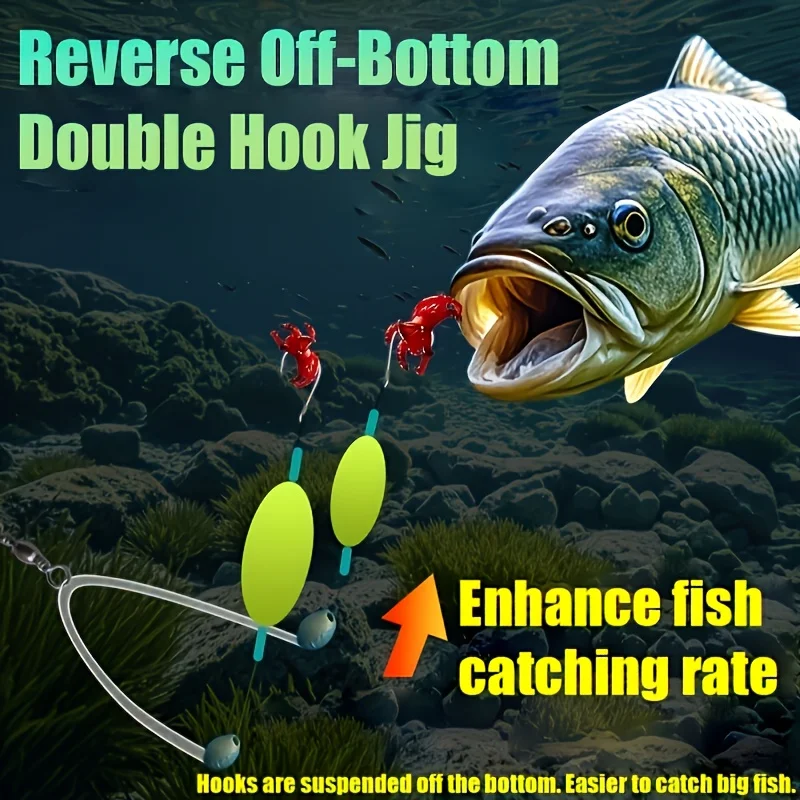 6-Packs Reverse Off-Bottom Double Hook Fishing Rig, Carp Fishing Tackle Gear with Built-in Float & Weight