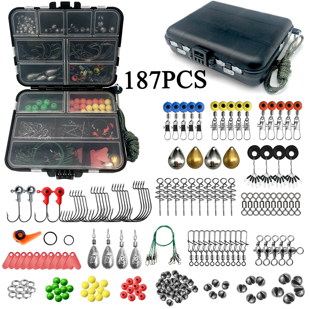 187/263 pcs Fishing Tools Accessories Kit Jig Hooks Fishing Sinker Weights Swivels Snaps Connectors with Fishing Tackle Lure Box