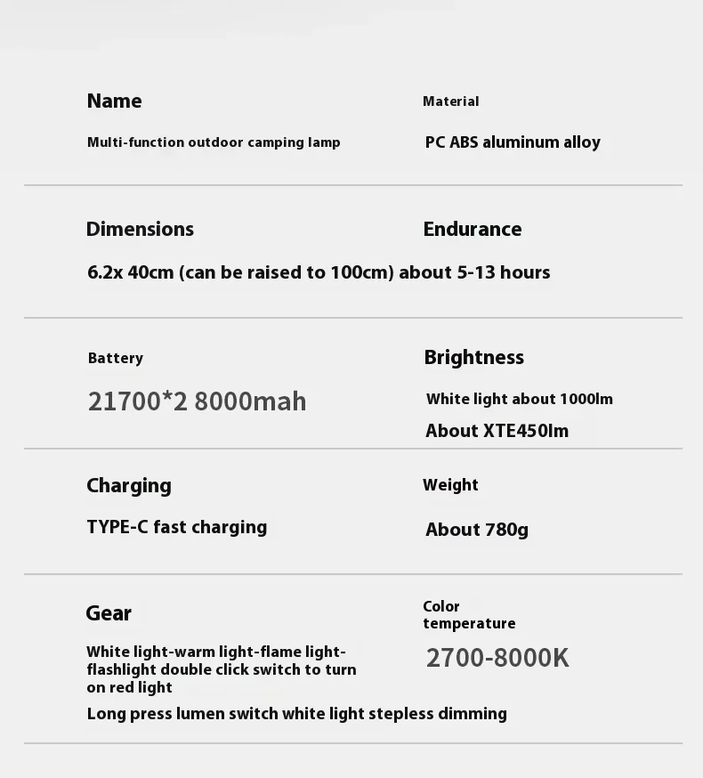 1000 LM Retractable Camping Lamp Portable 8000mAH Rechargeable Work Light Hiking Fishing Flashlight Outdoor Emergency Lanterns