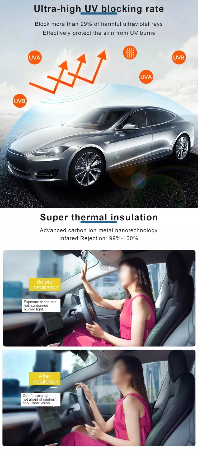 Nano Ceramic Car Window Film Heat Block UV Protection Privacy Energy Saving Static Cling Removable for Auto Truck Glass