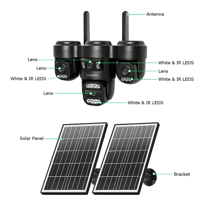 INQMEGA 4-lens Four-Screen AOV Outdoor Surveillance Camera 4G Security Cctv With APP Control 3-PTZ lens online all the time