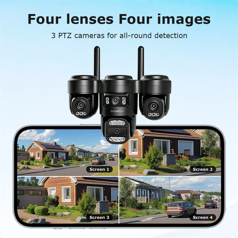 INQMEGA 4-lens Four-Screen AOV Outdoor Surveillance Camera 4G Security Cctv With APP Control 3-PTZ lens online all the time