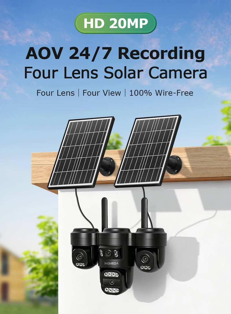 INQMEGA 4-lens Four-Screen AOV Outdoor Surveillance Camera 4G Security Cctv With APP Control 3-PTZ lens online all the time
