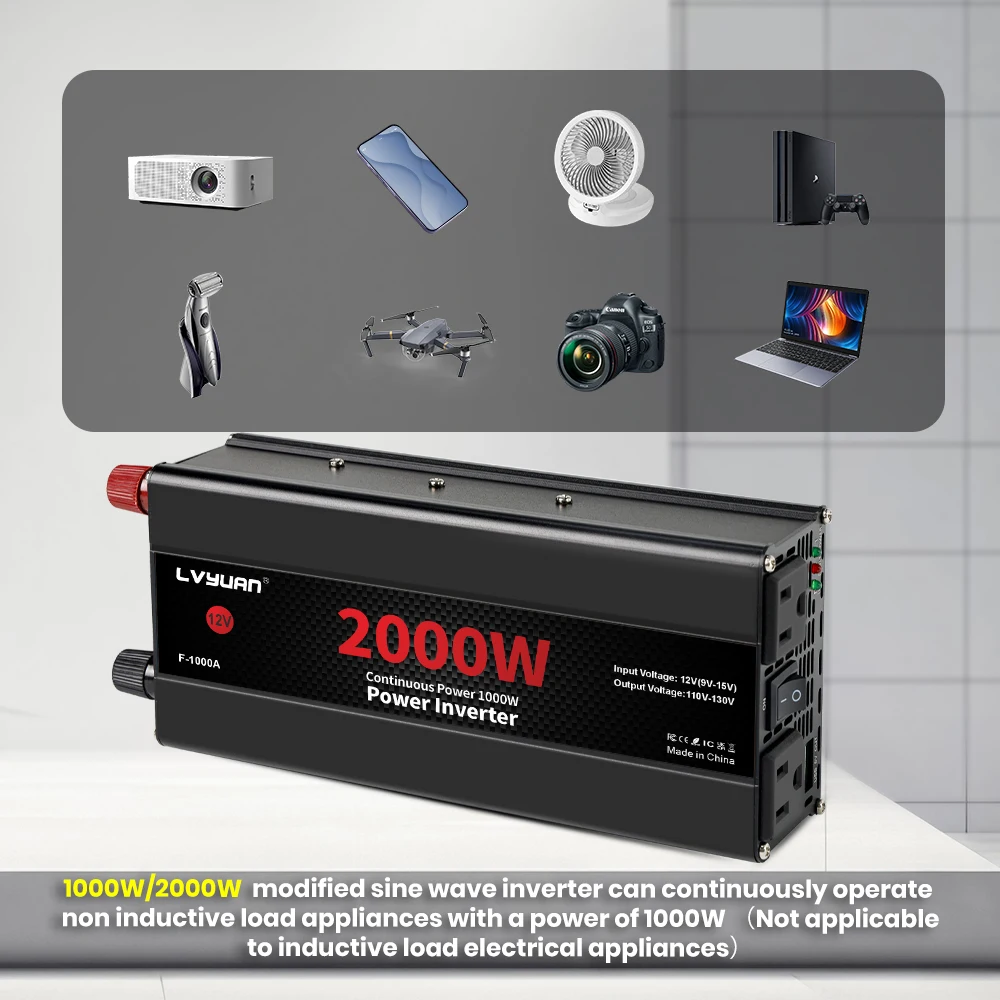 Car Power Inverter 1500W 2000W 2600W 6000W DC 12V To AC 120V Transformer with Dual Socket Charge,2×3.1A USB Port.