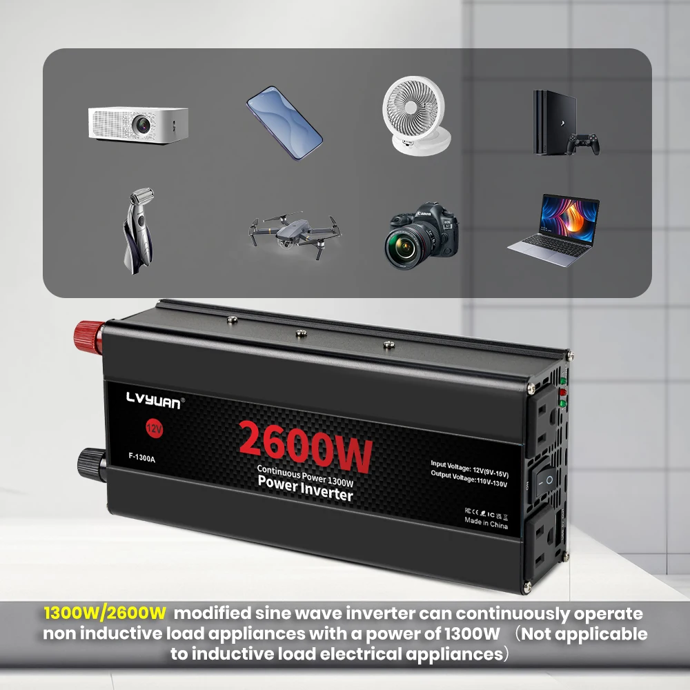Car Power Inverter 1500W 2000W 2600W 6000W DC 12V To AC 120V Transformer with Dual Socket Charge,2×3.1A USB Port.