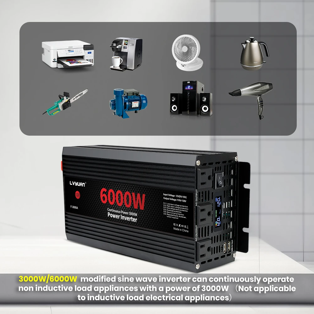Car Power Inverter 1500W 2000W 2600W 6000W DC 12V To AC 120V Transformer with Dual Socket Charge,2×3.1A USB Port.