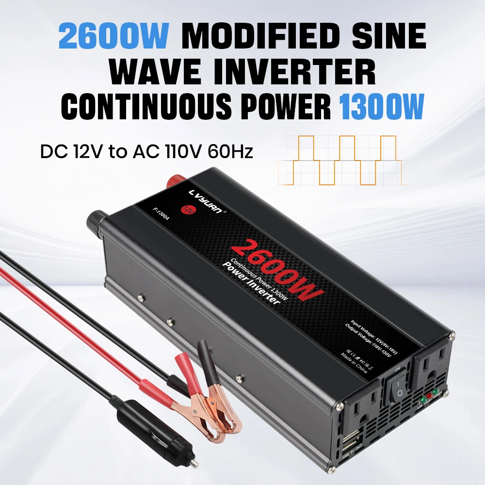 Car Power Inverter 1500W 2000W 2600W 6000W DC 12V To AC 120V Transformer with Dual Socket Charge,2×3.1A USB Port.