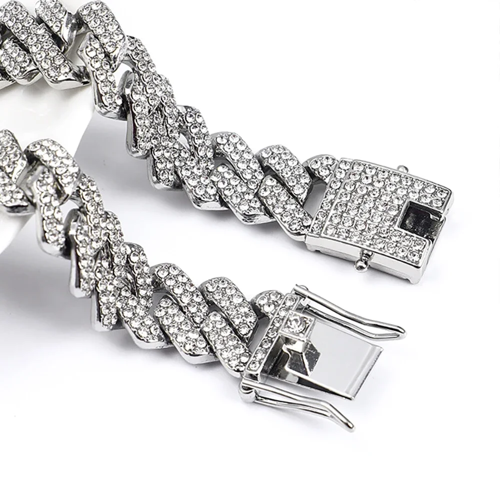 Fashion Hip Hop Square 14MM Cuban Link Necklace Men Gold Color Women Rhinestone Iced Out Cuban Chain Punk Jewelry Necklaces Gift