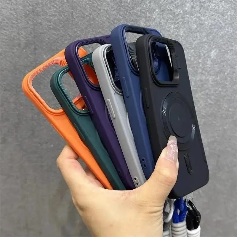 Flip Up Lens Stand For Magsafe Wrist Lanyard Case For iPhone 14 18 17 15 13 16 11 12 Pro Max Air Solid Color Shockproof Cover