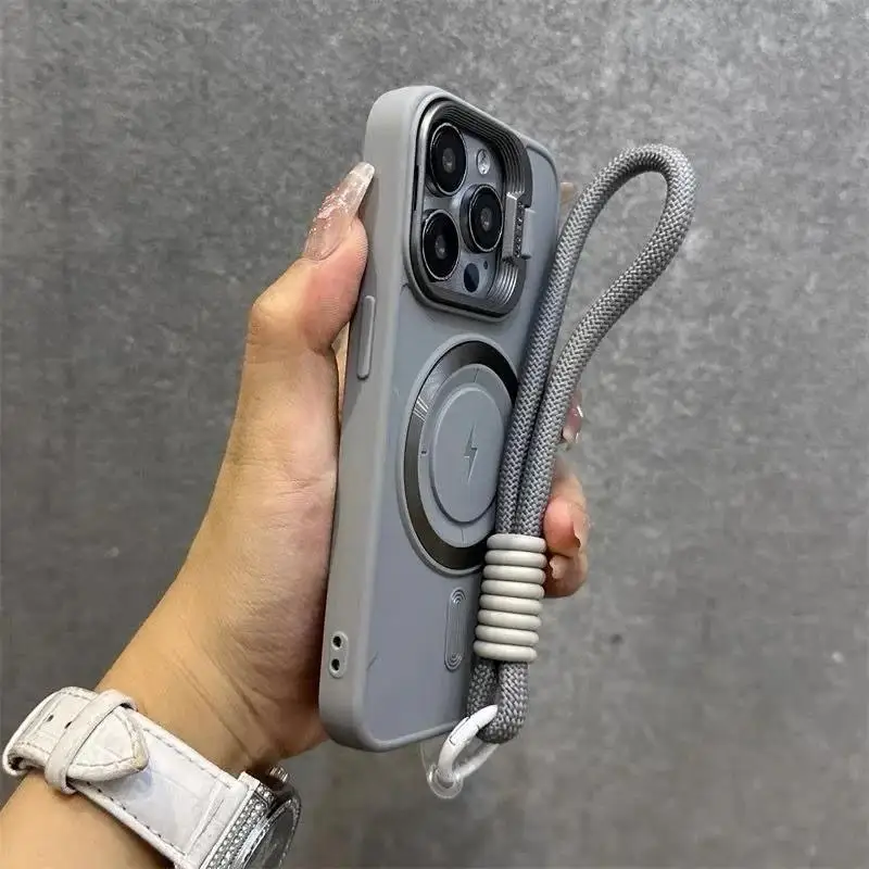 Flip Up Lens Stand For Magsafe Wrist Lanyard Case For iPhone 14 18 17 15 13 16 11 12 Pro Max Air Solid Color Shockproof Cover