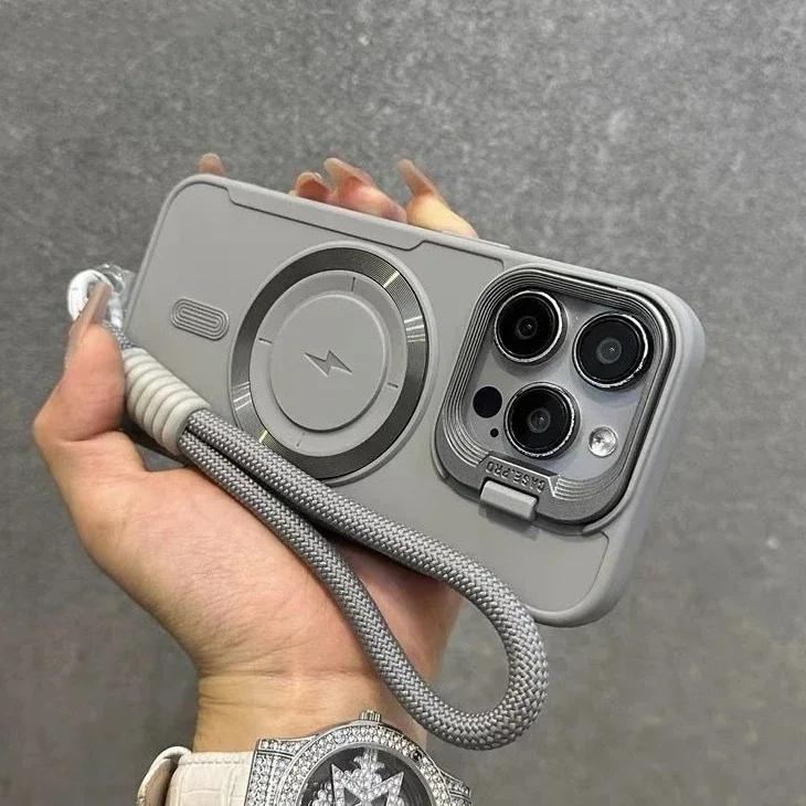 Flip Up Lens Stand For Magsafe Wrist Lanyard Case For iPhone 14 18 17 15 13 16 11 12 Pro Max Air Solid Color Shockproof Cover