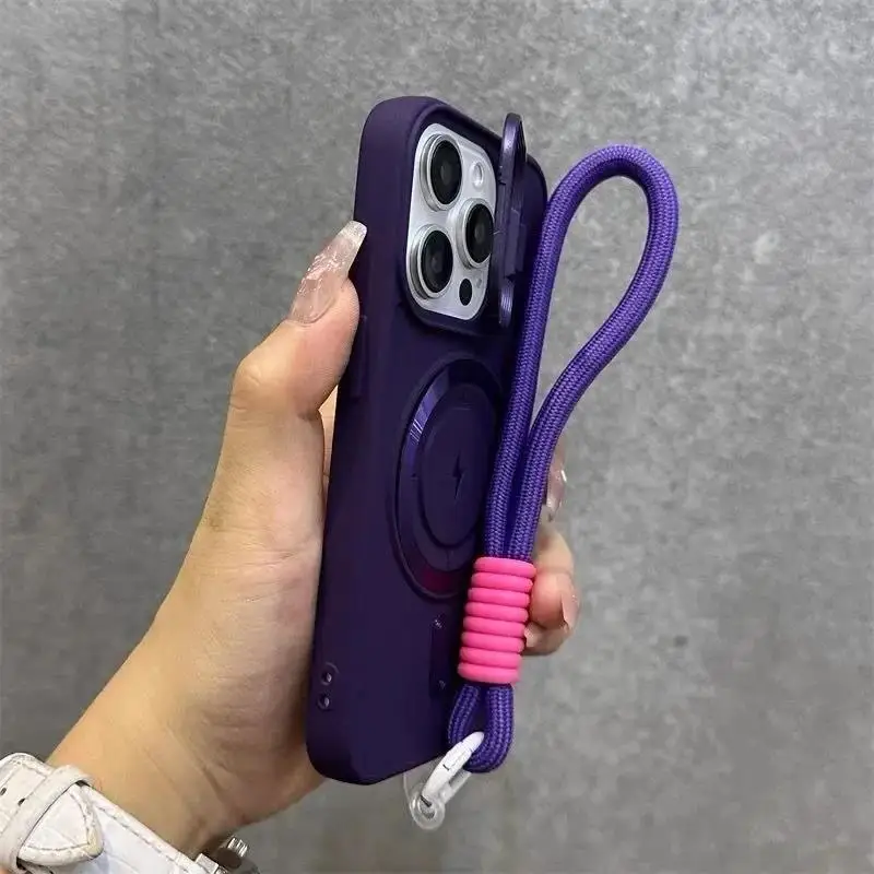 Flip Up Lens Stand For Magsafe Wrist Lanyard Case For iPhone 14 18 17 15 13 16 11 12 Pro Max Air Solid Color Shockproof Cover