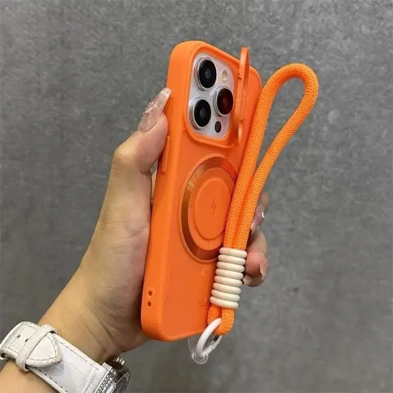 Flip Up Lens Stand For Magsafe Wrist Lanyard Case For iPhone 14 18 17 15 13 16 11 12 Pro Max Air Solid Color Shockproof Cover
