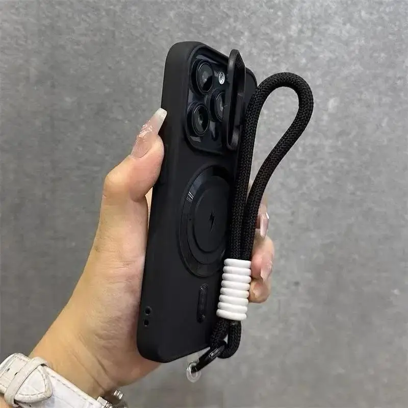 Flip Up Lens Stand For Magsafe Wrist Lanyard Case For iPhone 14 18 17 15 13 16 11 12 Pro Max Air Solid Color Shockproof Cover