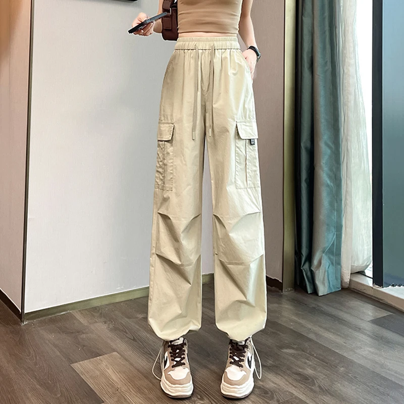 Fashion Women Joggers Pants Casual Female Chic Straight Cargo Pants Elastic High Waist Streetwear Slim Trousers Summer Thin
