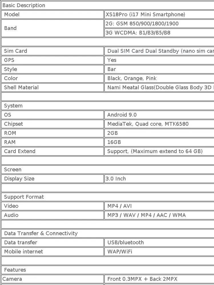 SOYES XS18Pro Mini Smartphone 3.0" Display 2GB RAM 16GB ROM Dual SIM Standby Dual Camera Android 9.0 Apps WiFi i17 Mini Phone