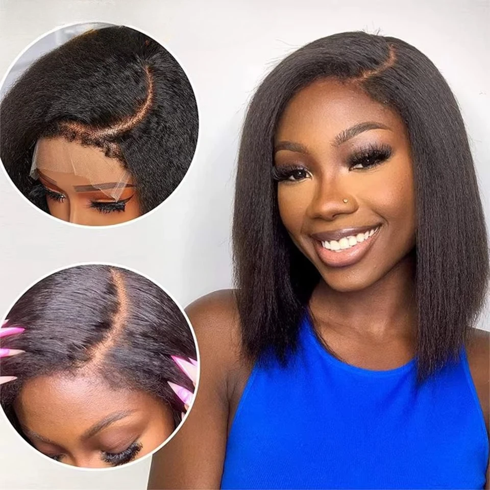 Kinky Straight Bob Side Part Human Hair Lace Wig Pre Plucked 14inches Natural Hairline Wig Natural Black Color Glueless Wigs