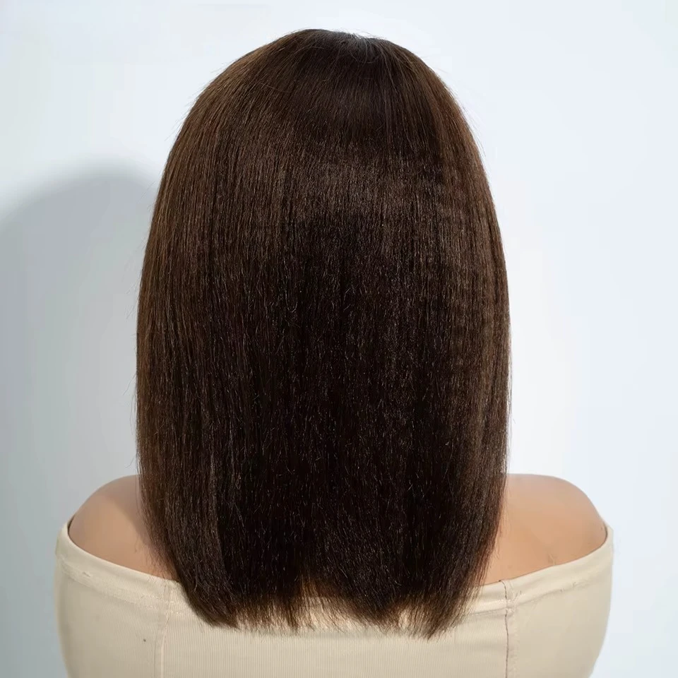Kinky Straight Bob Side Part Human Hair Lace Wig Pre Plucked 14inches Natural Hairline Wig Natural Black Color Glueless Wigs