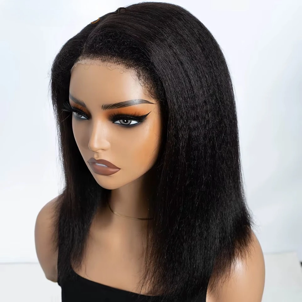 Kinky Straight Bob Side Part Human Hair Lace Wig Pre Plucked 14inches Natural Hairline Wig Natural Black Color Glueless Wigs