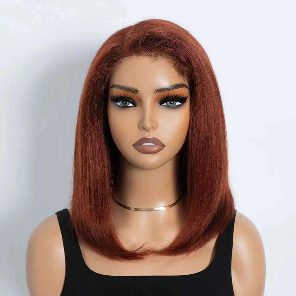Kinky Straight Bob Side Part Human Hair Lace Wig Pre Plucked 14inches Natural Hairline Wig Natural Black Color Glueless Wigs