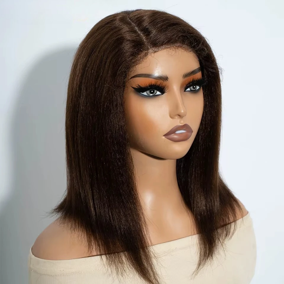 Kinky Straight Bob Side Part Human Hair Lace Wig Pre Plucked 14inches Natural Hairline Wig Natural Black Color Glueless Wigs