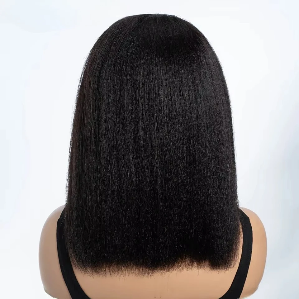 Kinky Straight Bob Side Part Human Hair Lace Wig Pre Plucked 14inches Natural Hairline Wig Natural Black Color Glueless Wigs