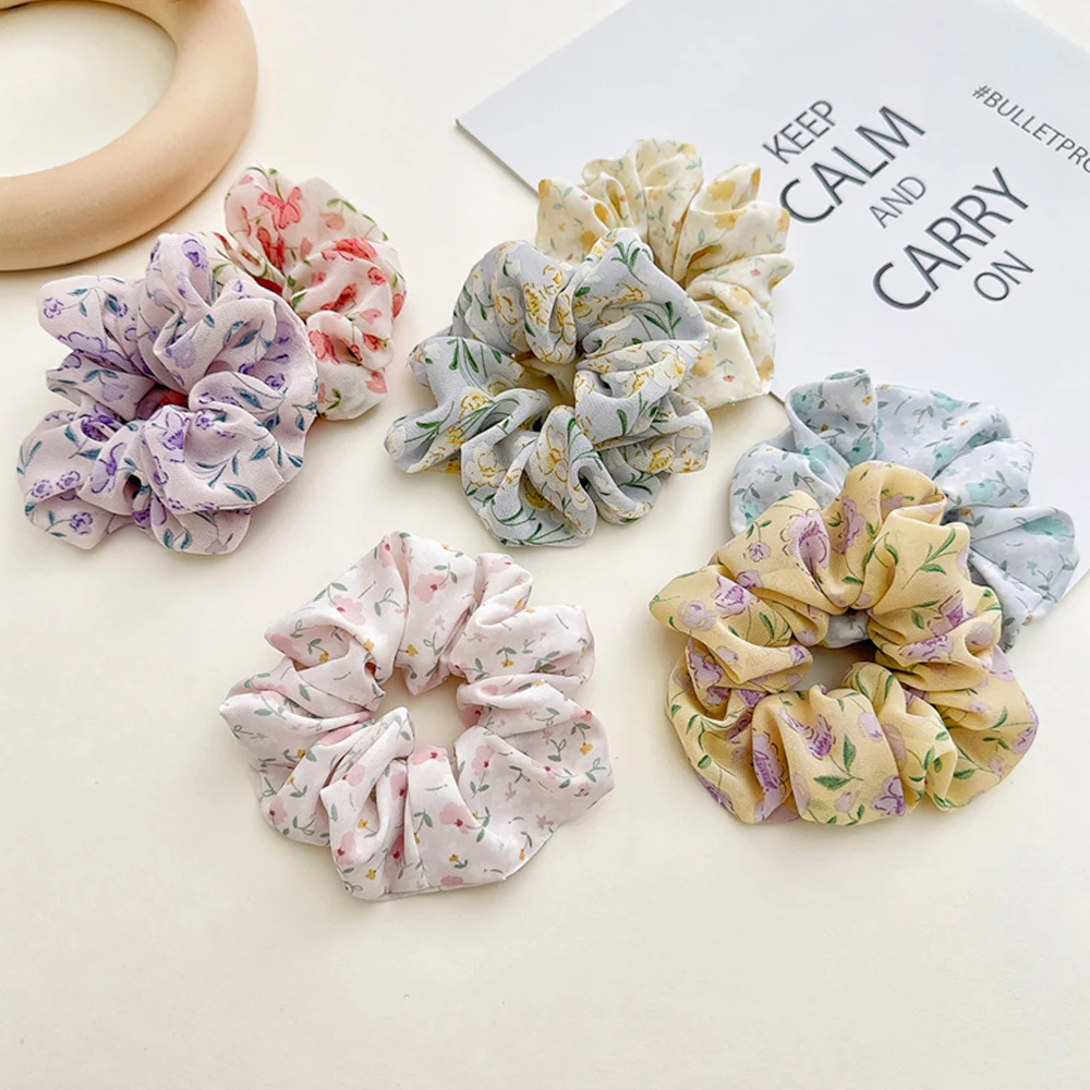 Chiffon Flower Elastic Hairbands Floral Printed Scrunchies for Hair Women Hair Accessories Ponytail Holder Hair Ties Rubber Band