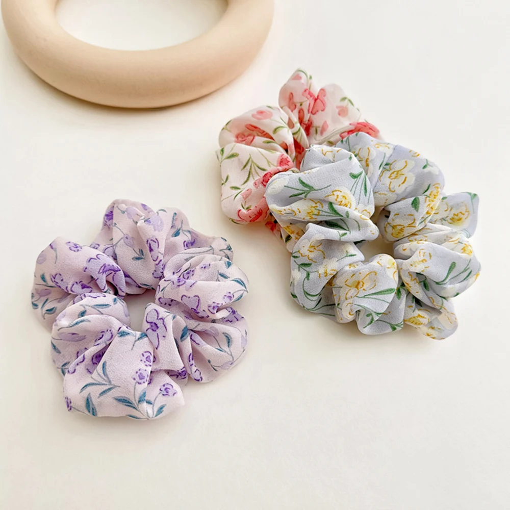 Chiffon Flower Elastic Hairbands Floral Printed Scrunchies for Hair Women Hair Accessories Ponytail Holder Hair Ties Rubber Band