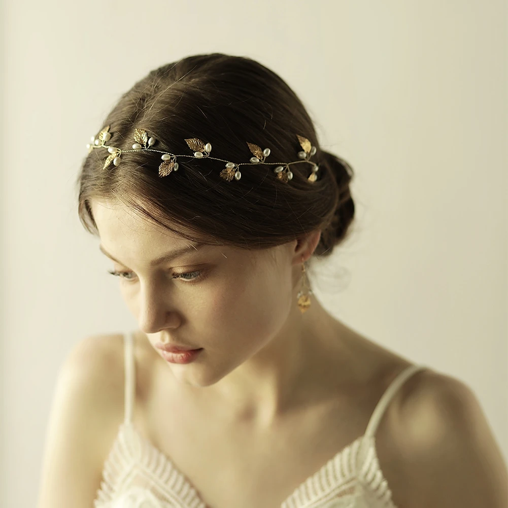 Pearl Flower Headband Tiaras Crowns Girls Silver Gold Color Leaf Headpiece Bridal Hair Jewelry Elegant Wedding Hair Accessories