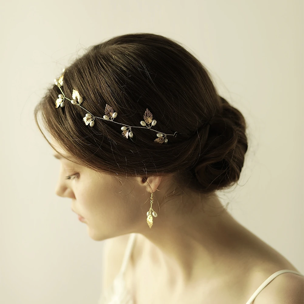 Pearl Flower Headband Tiaras Crowns Girls Silver Gold Color Leaf Headpiece Bridal Hair Jewelry Elegant Wedding Hair Accessories