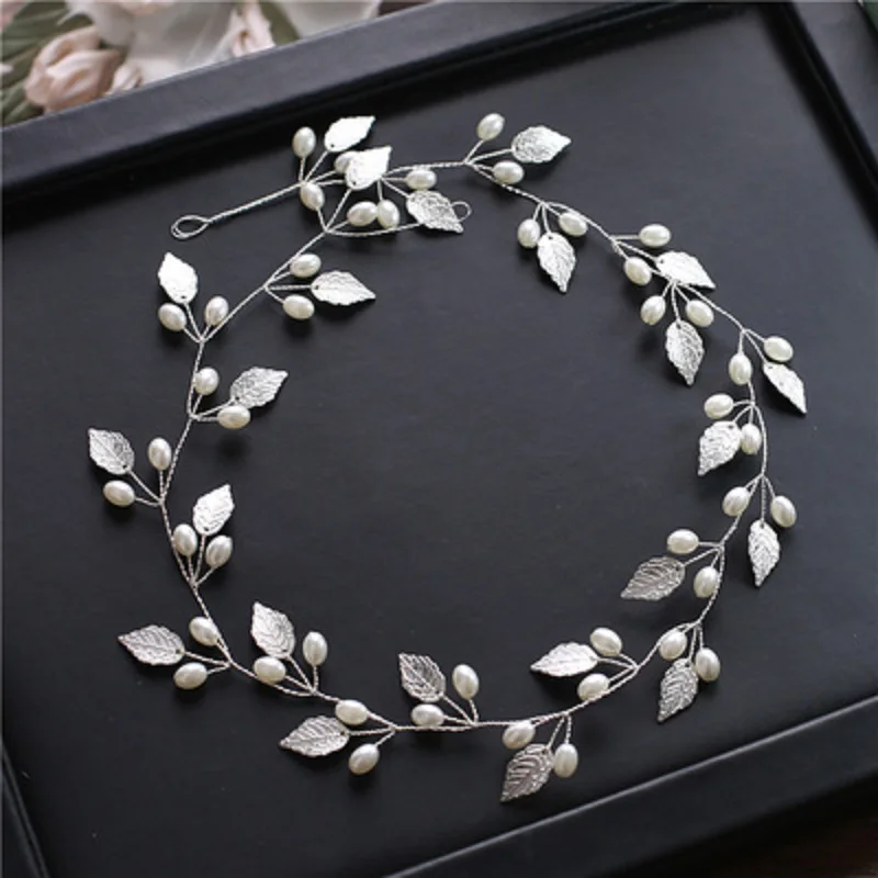 Pearl Flower Headband Tiaras Crowns Girls Silver Gold Color Leaf Headpiece Bridal Hair Jewelry Elegant Wedding Hair Accessories