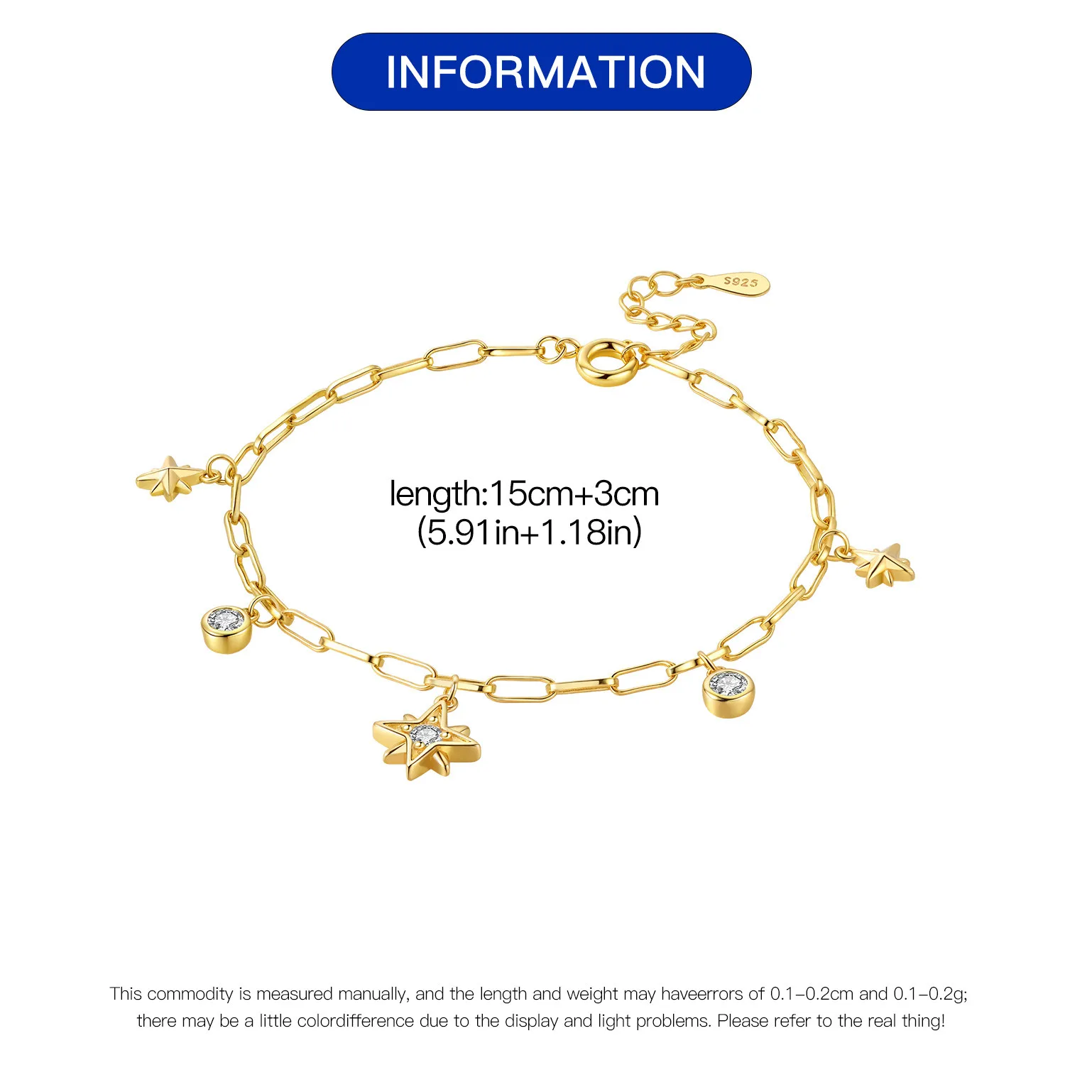 New 925 Sterling Silver Exquisite Golden Starry Bracelet Chain Link Women Bracelet Birthday Festival Jewelry Gifts