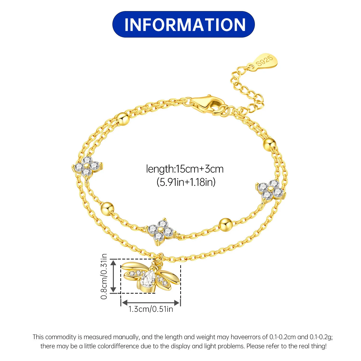 New 925 Sterling Silver Exquisite Golden Starry Bracelet Chain Link Women Bracelet Birthday Festival Jewelry Gifts