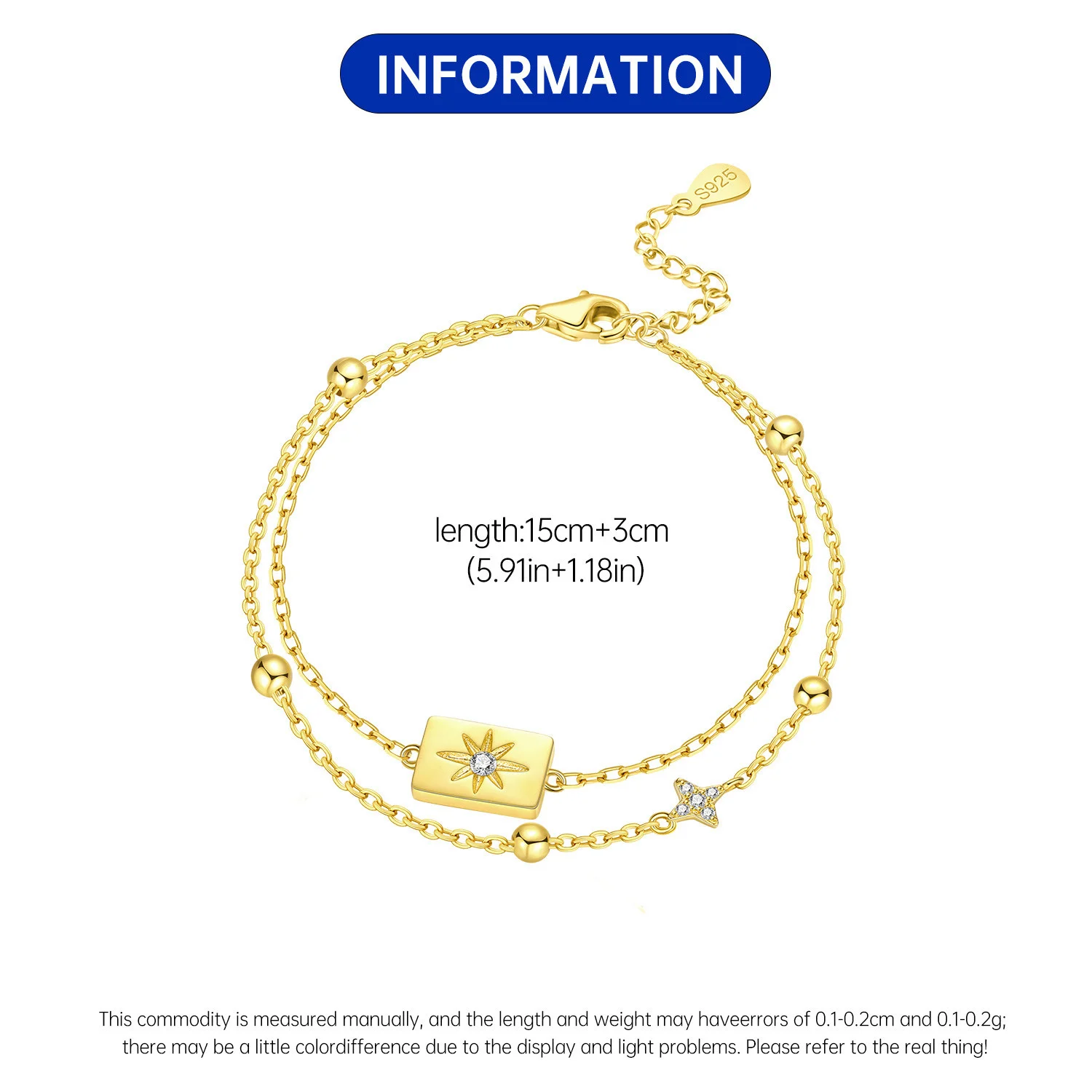 New 925 Sterling Silver Exquisite Golden Starry Bracelet Chain Link Women Bracelet Birthday Festival Jewelry Gifts