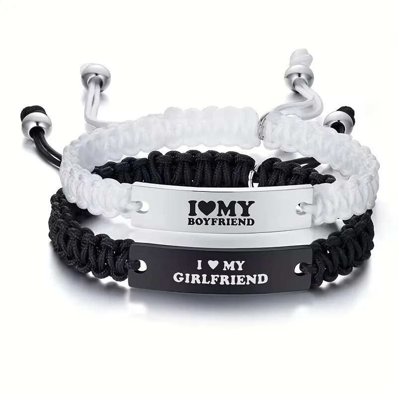 2 Pcs Handmade White Black Braided Rope Bracelet Set Adjustable Stainless Steel Couple Bracelets Valentine's Day Gifts