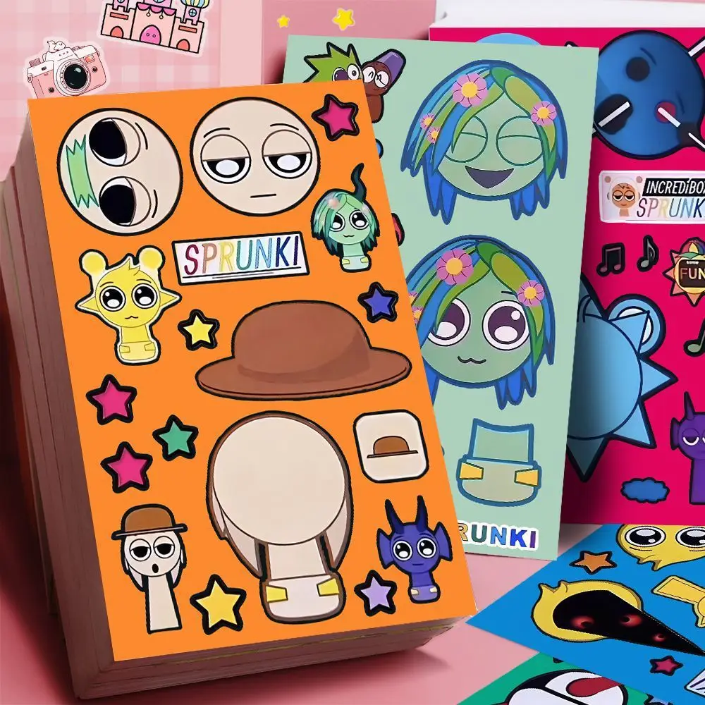 8/16/24sheets Cute Sprunkie Stickers Make Your Own Sprunkie Sticker Make A Face Stickers Kids Game Cartoon DIY Party Supplies