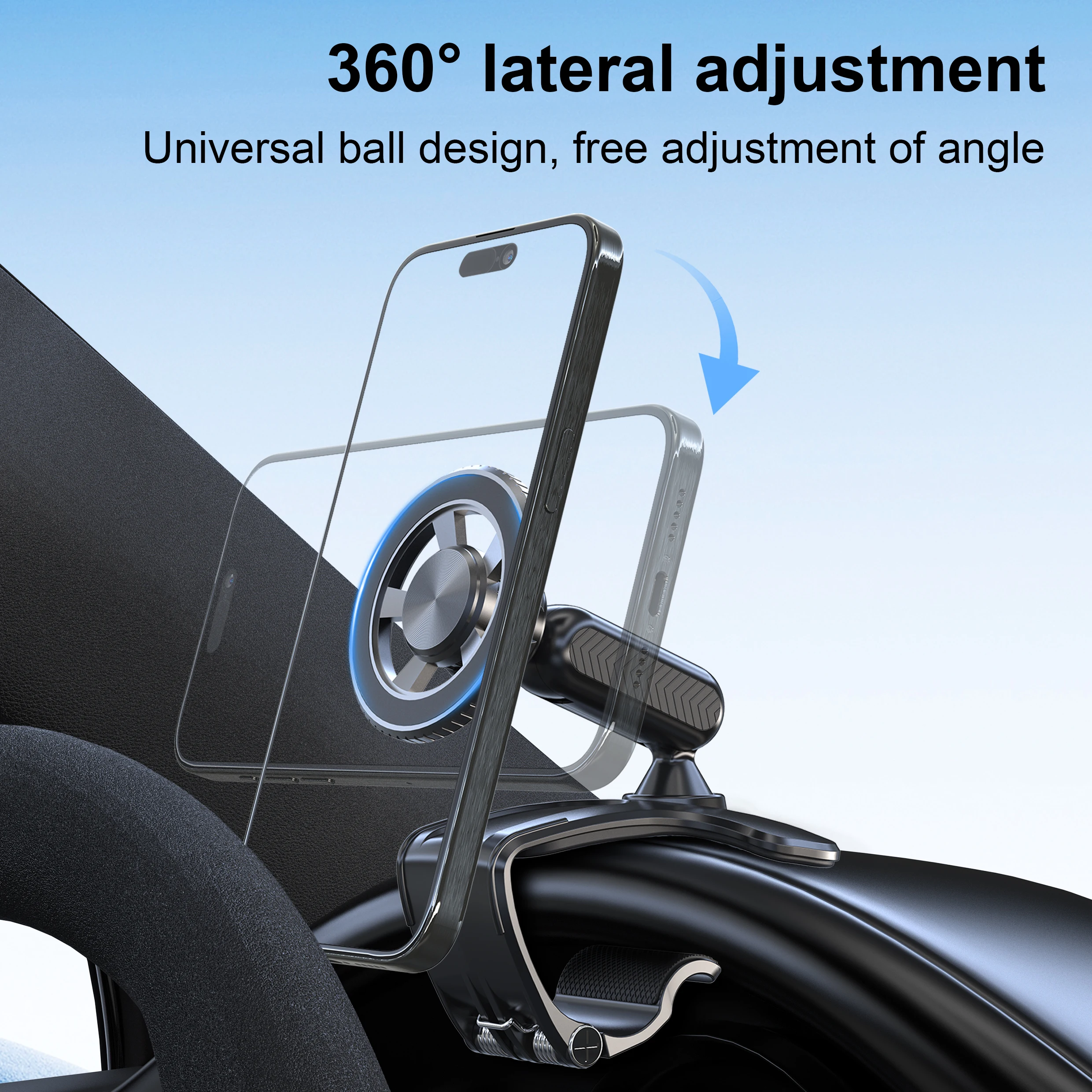 Magnetic 360 Degree Rotation Dashboard Car Phone Holder [Strong Compression Clamp] Clip on Dashboard for 4 to 7 inch Smartphones