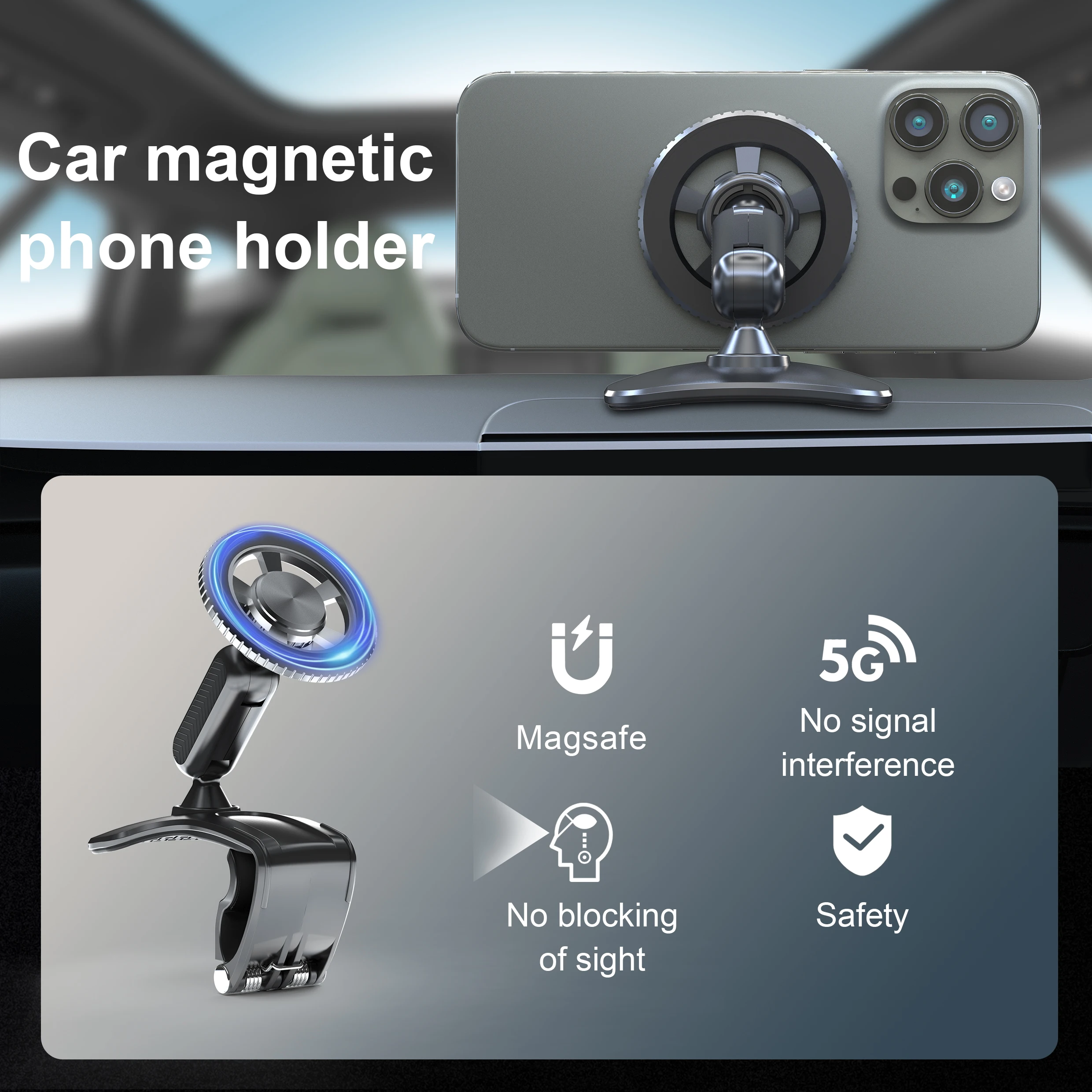 Magnetic 360 Degree Rotation Dashboard Car Phone Holder [Strong Compression Clamp] Clip on Dashboard for 4 to 7 inch Smartphones