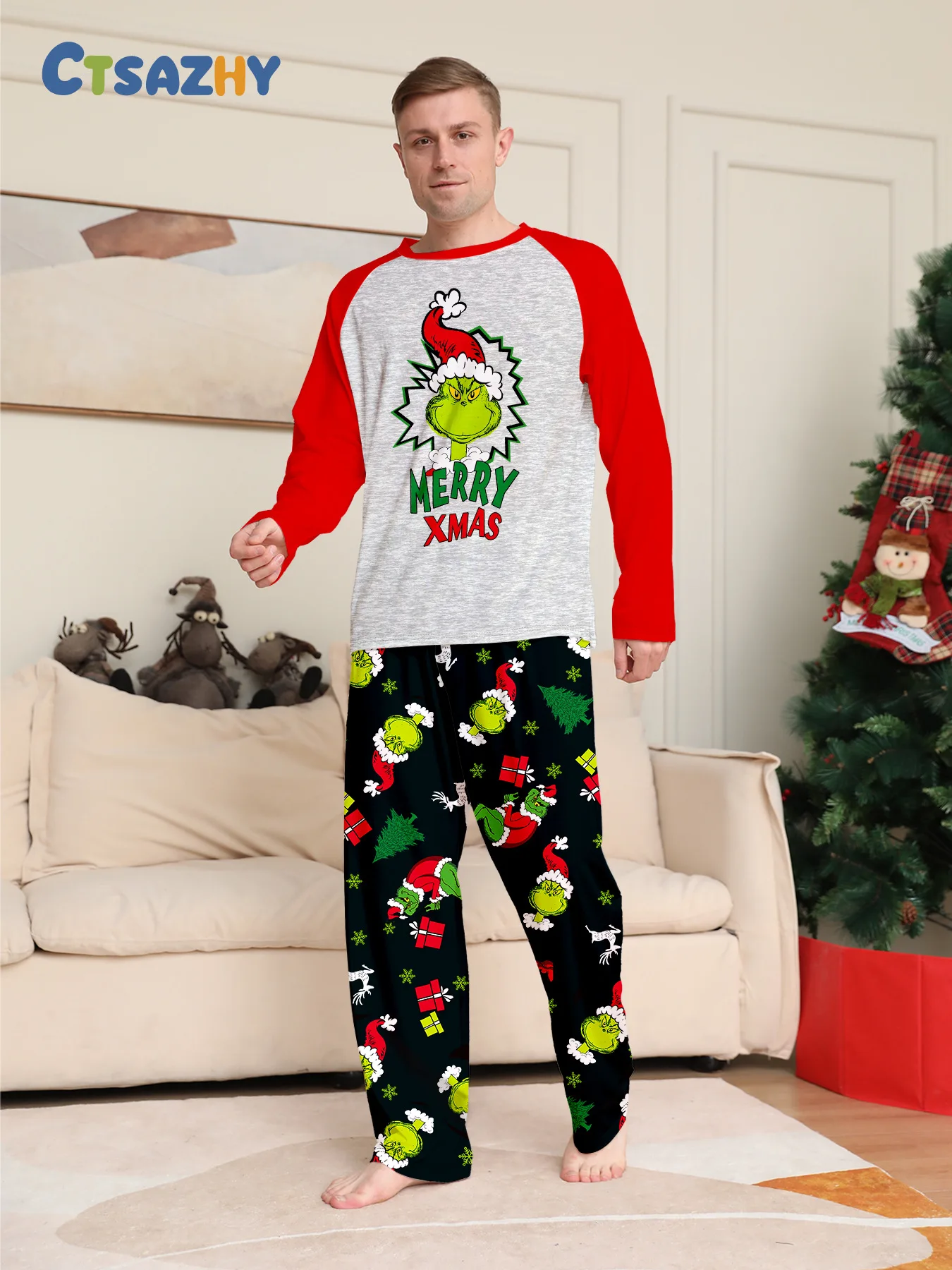 Christmas family clothing, 2-piece set of autumn and winter Christmas home wear and pajamas for a family of three